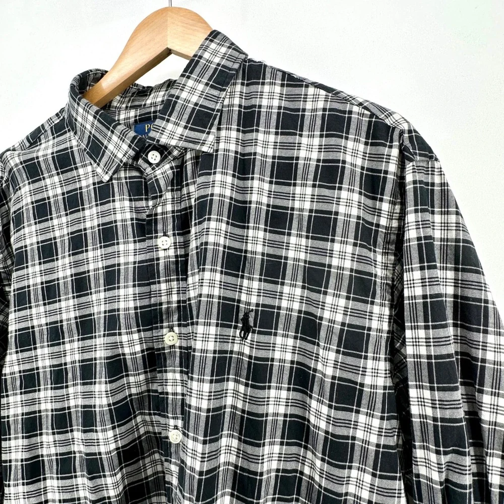 Polo‎ Ralph Lauren Mens XXL Black White Plaid Cotton Button Down Shirt Long Slv